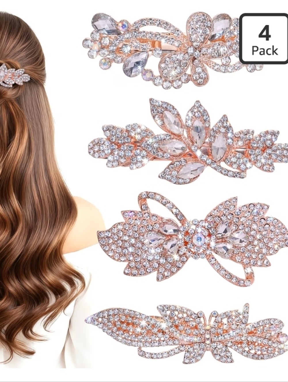 Rose Gold Rhinestone Hair Barrettes - 4 Pack